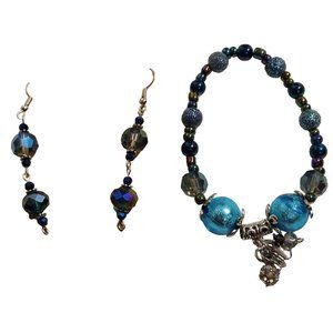 Aurora borealis crystal blue silver Bracelet Earrings Set